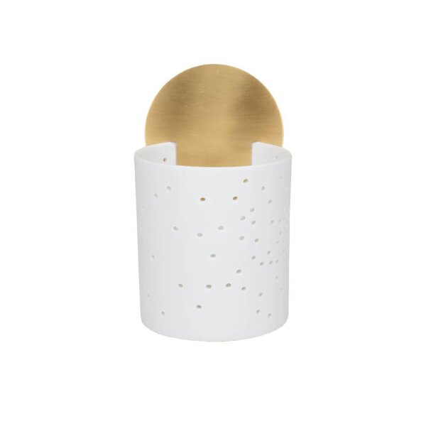 Weißes Windlicht mit perforierter Oberfläche und goldfarbener Scheibe von Räder Design