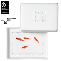 Butterdose offen, Deckel mit Text Butter bei die Fische,...