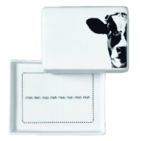 Butterdose offen, Deckel mit Kuh Motiv Boden mit Text Muh...