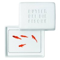 Butterdose offen, Deckel mit Text Butter bei die Fische,...