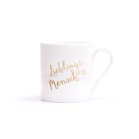weiße Tasse mit goldenem Text Lieblingsmensch