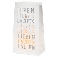 eine Lichttüte des Sets mit Text Leben Lieben Lachen...