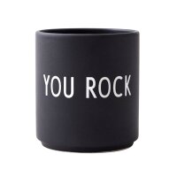 Schwarze Keramiktasse mit weißem Schriftzug...